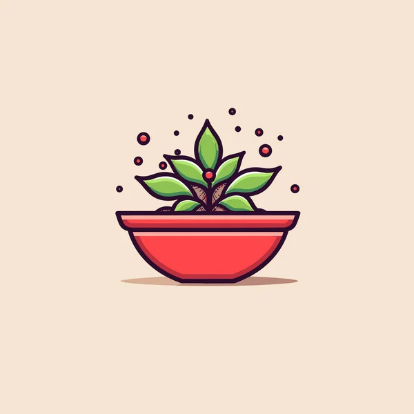 緑の植物を入れた赤いボウル — ストックベクタ
