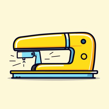 Masanın üstünde duran sarı bir dikiş makinesi.