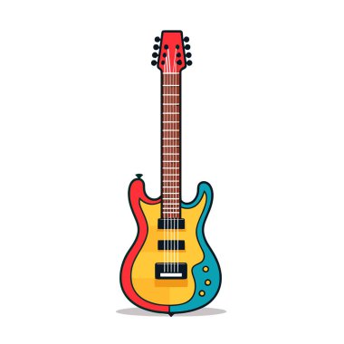 Kırmızı boyunlu ve mavi boyunlu sarı bir gitar.