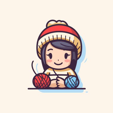 Örgü şapkalı ve yün yumaklı bir kız.