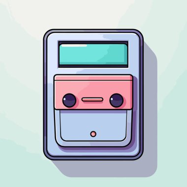 Uzun gölgeli pembe ve mavi bir elektronik cihaz.