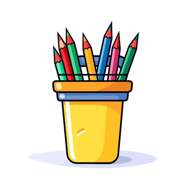 Yellow Container Filled Colored Pencils — Stock Vector