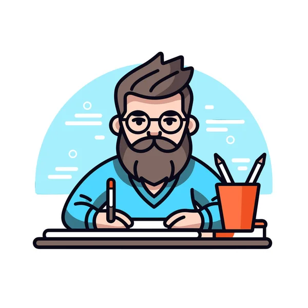 Ein Mann Mit Bart Sitzt Einem Schreibtisch Und Schreibt — Stockvektor