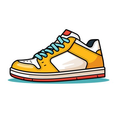 A yellow sneaker with blue and red laces clipart