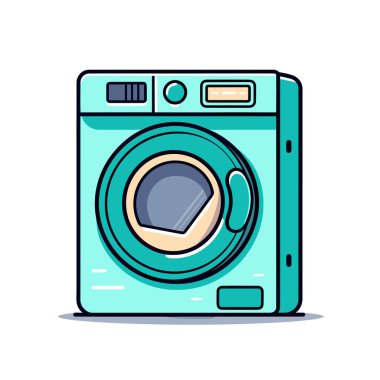 Önünde düğmesi olan mavi bir çamaşır makinesi.