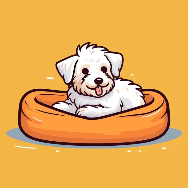 Small White Dog Sitting Orange Dog Bed — Stock Vector