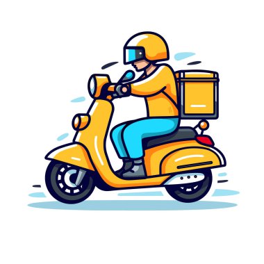 Arkasında kutu olan bir scooter 'a binen biri.