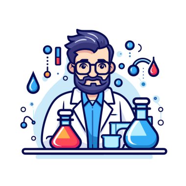 Elinde gagası ve matarası olan laboratuvar önlüklü bir adam.