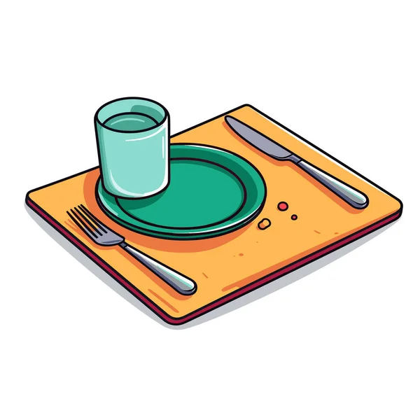 Une Assiette Avec Verre Eau Une Fourchette — Image vectorielle