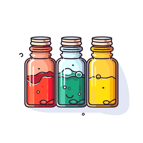 Drei Flaschen Gefüllt Mit Verschieden Farbigen Flüssigkeiten — Stockvektor