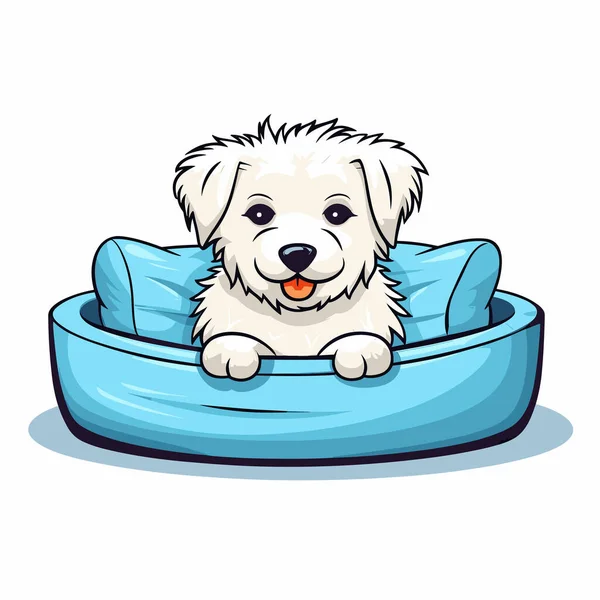 White Dog Sitting Blue Dog Bed — Stock Vector