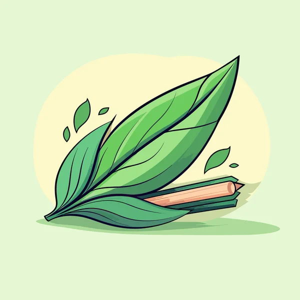 Ένα Πράσινο Φύλλο Και Μερικά Μολύβια Ανοιχτό Πράσινο Φόντο — Διανυσματικό Αρχείο
