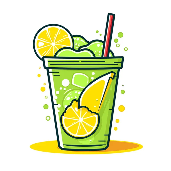 Ein Grünes Getränk Mit Zitronenscheiben Und Einem Strohhalm — Stockvektor
