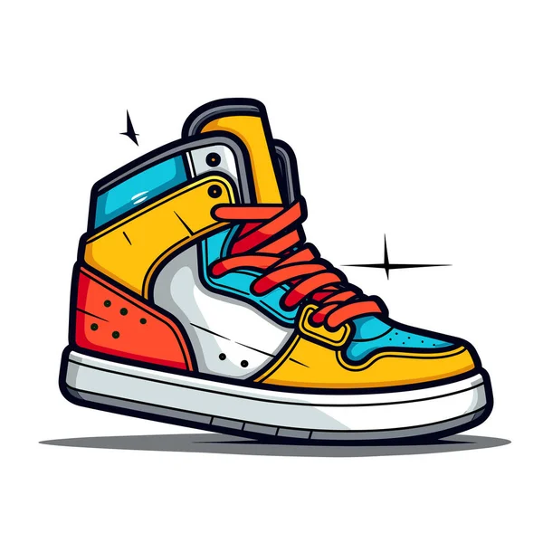 Ένα Ζευγάρι Πολύχρωμα Sneakers Κόκκινα Κίτρινα Και Μπλε Κορδόνια — Διανυσματικό Αρχείο
