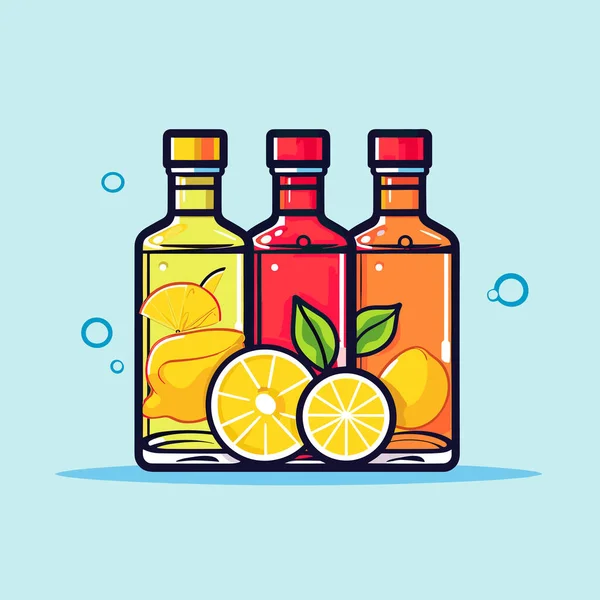 Tres Botellas Alcohol Con Limones Limas — Vector de stock