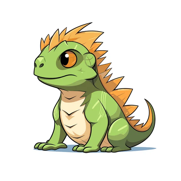 Маленький Зеленый Оранжевый Динозавр Сидит Земле — стоковый вектор