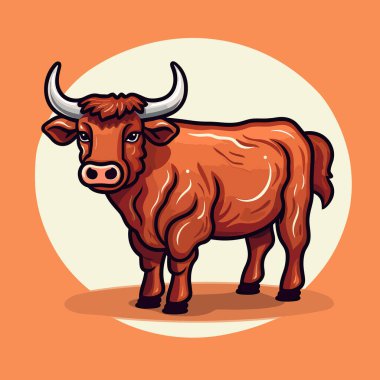 Turuncu arka planda boynuzları olan kahverengi bir boğa.