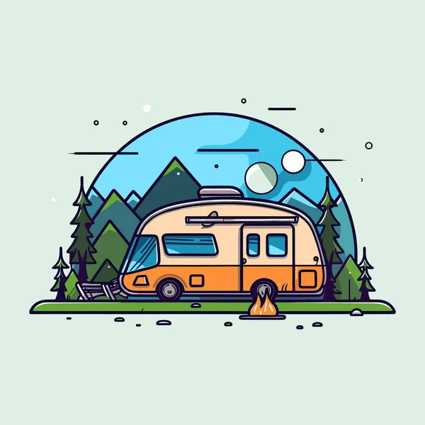 Camping Car Orange Garé Devant Une Forêt — Image vectorielle