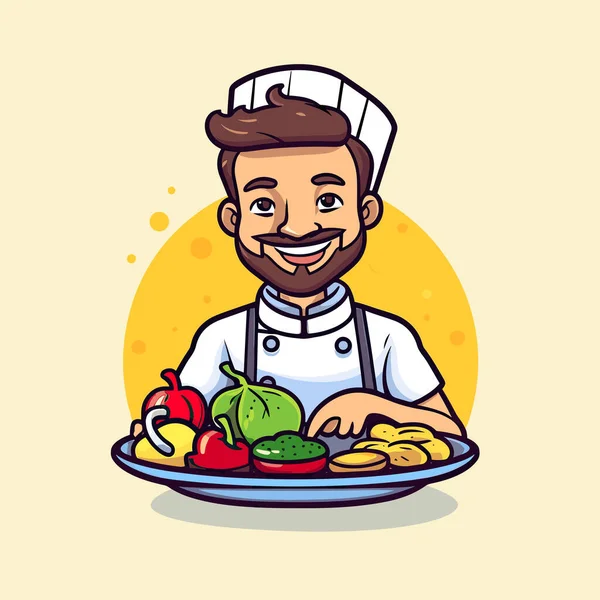 Homme Dans Chapeau Chef Tient Une Assiette Nourriture — Image vectorielle