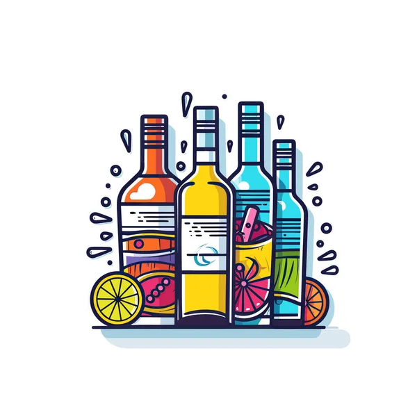 Tres Botellas Alcohol Una Rodaja Limón — Vector de stock