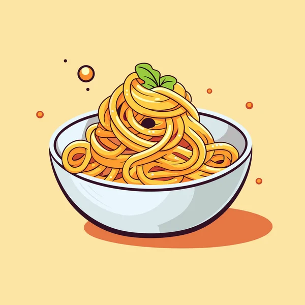 Eine Schüssel Spaghetti Mit Einem Grünen Blatt Obendrauf — Stockvektor