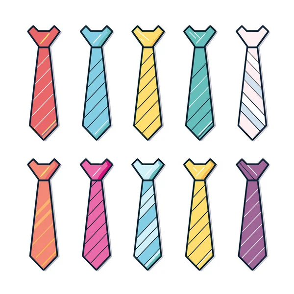 白色背景上的一组六种不同颜色的领带 — 图库矢量图片