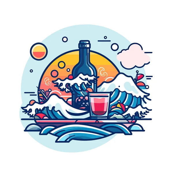 Eine Flasche Wein Auf Einer Welle — Stockvektor