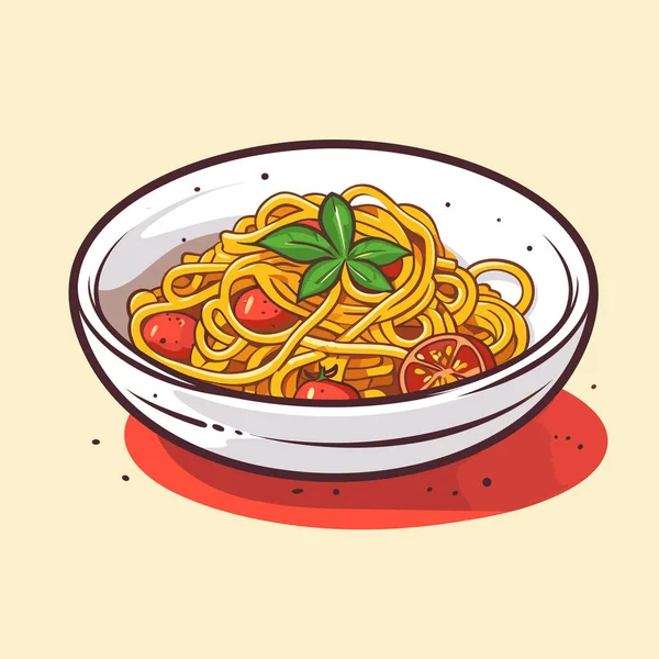Uma Tigela Espaguete Com Tomate Manjericão — Vetor de Stock