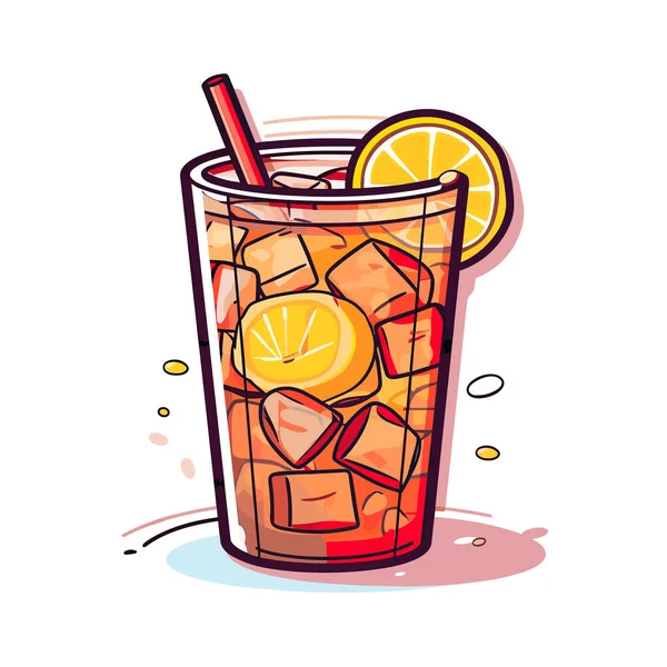 Glass Ice Tea Lemon Slice Straw — Stock Vector