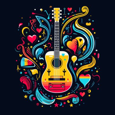 Etrafında yıldızlar ve kalpler olan renkli bir gitar.