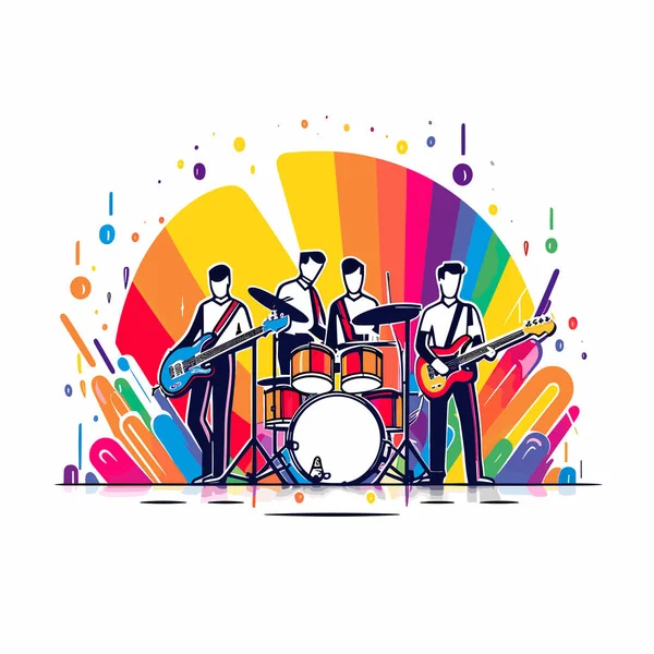 Group People Playing Instruments Front Rainbow Background — Stock Vector