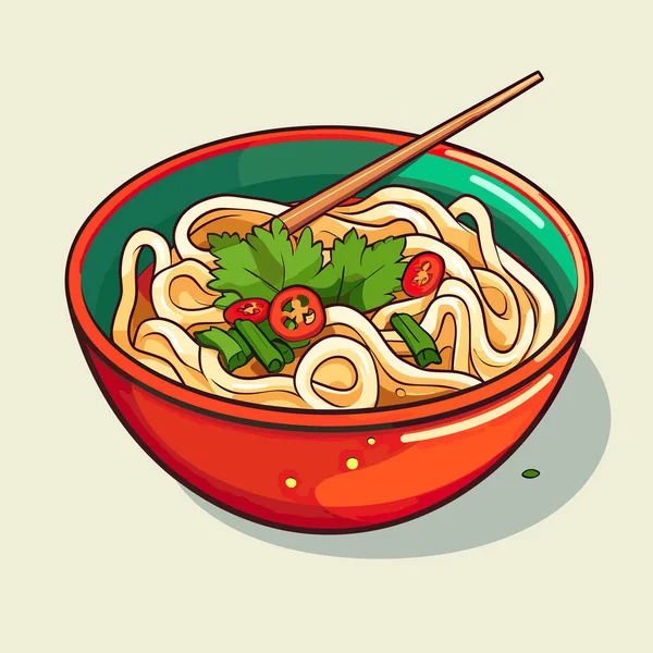Red Bowl Filled Noodles Vegetables — Stock Vector