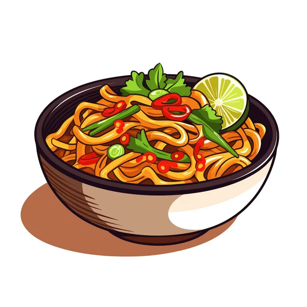 Bowl Filled Noodles Garnished Lime — Stock Vector