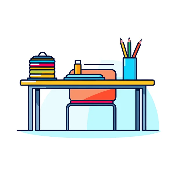 Ein Schreibtisch Mit Einem Buch Bleistiften Und Einem Behälter Darauf — Stockvektor