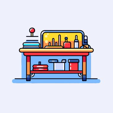 Üzerinde şişeler ve kaplar olan bir masa.