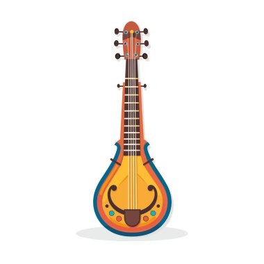 Gülen yüzlü turuncu ve mavi bir ukulele.