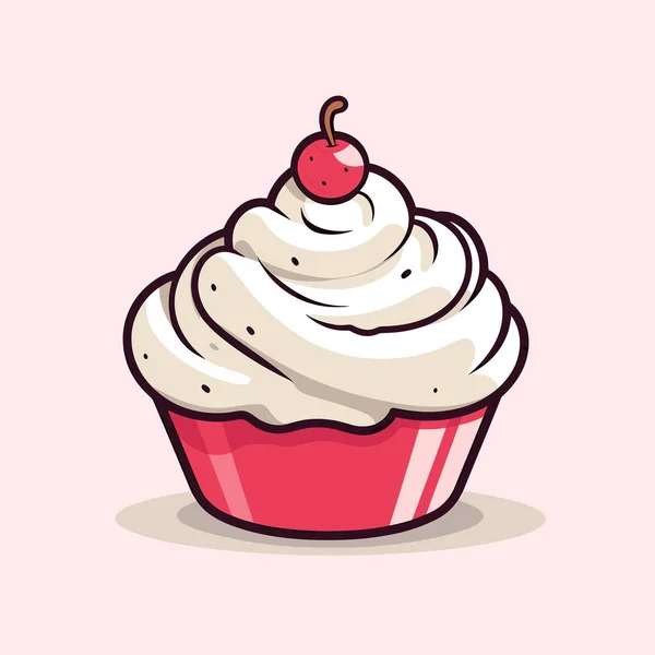 Een Cupcake Met Witte Glazuur Een Kers Erop — Stockvector