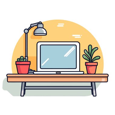 Bilgisayarı, saksısı ve lambası olan bir masa.