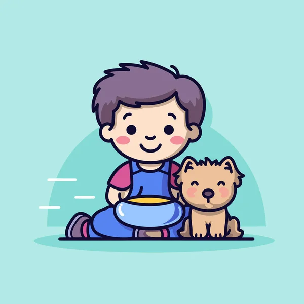 Menino Sentado Chão Com Uma Tigela Comida Lado Cachorro — Vetor de Stock