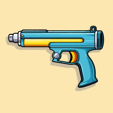 Sarı arka planda mavi ve sarı bir oyuncak silah.