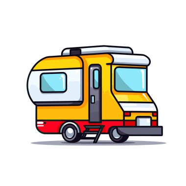 Beyaz arka planda sarı ve kırmızı bir römork var.