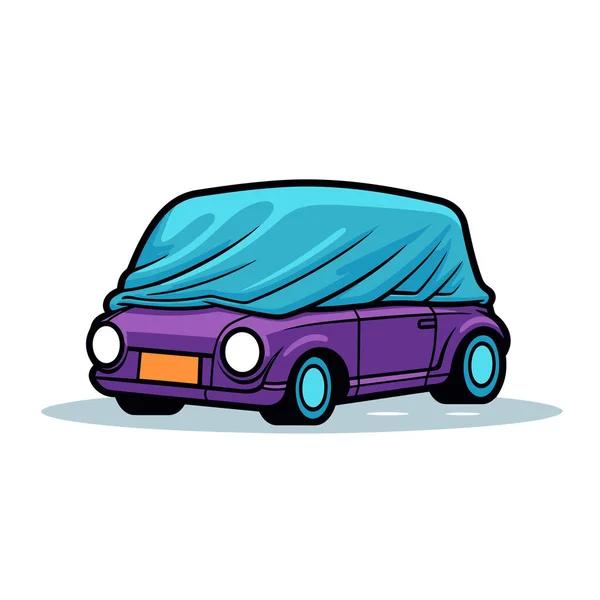 青い防水シートに覆われた紫色の車 — ストックベクタ