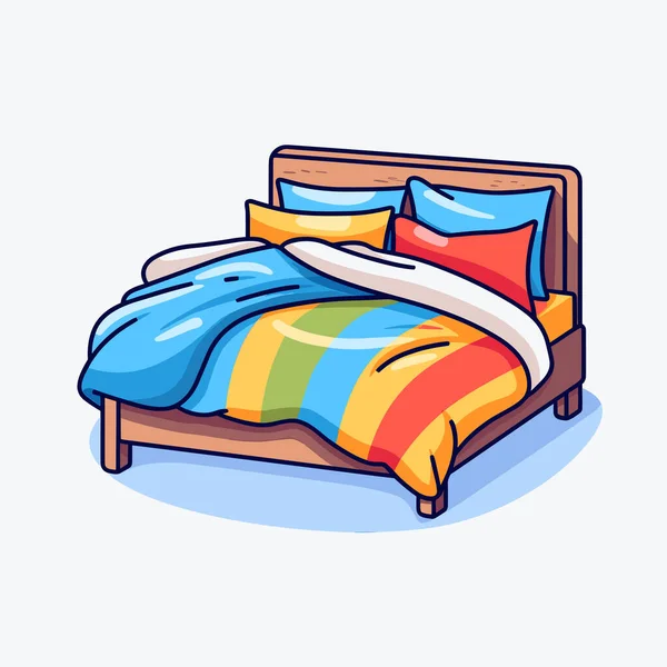 Ein Bett Mit Einer Bunten Bettdecke Und Kissen — Stockvektor