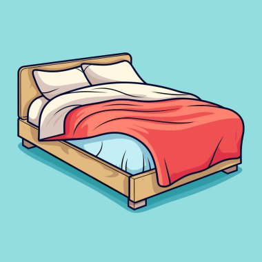 A bed with a red blanket on top of it clipart