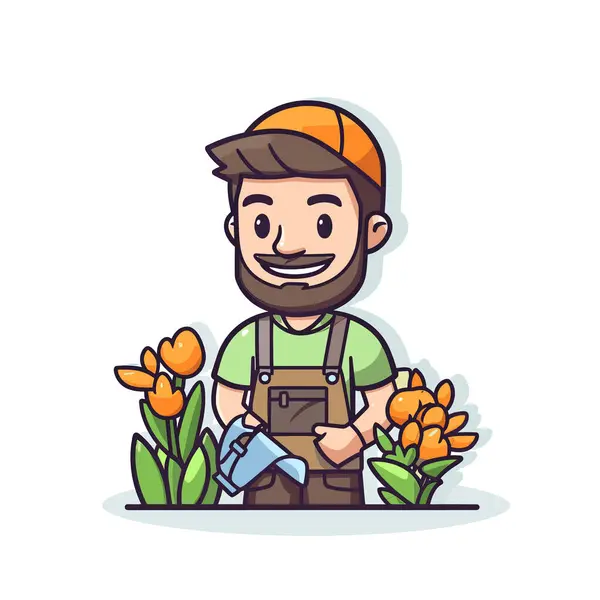 Homem Com Barba Macacão Frente Flores — Vetor de Stock