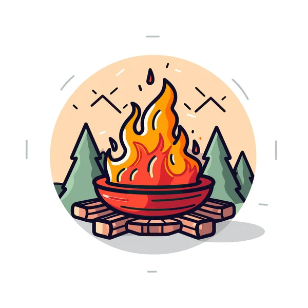 バックグラウンドの木が付いている火のピット — ストックベクタ