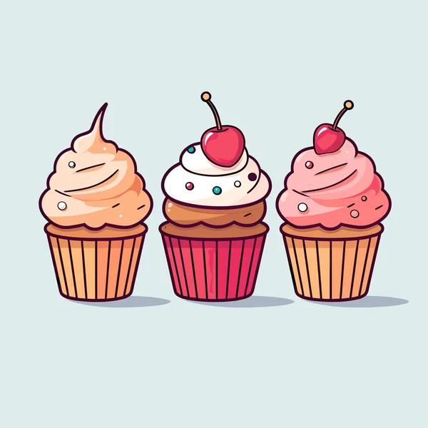 Trois Cupcakes Avec Différentes Garnitures Sur Eux — Image vectorielle