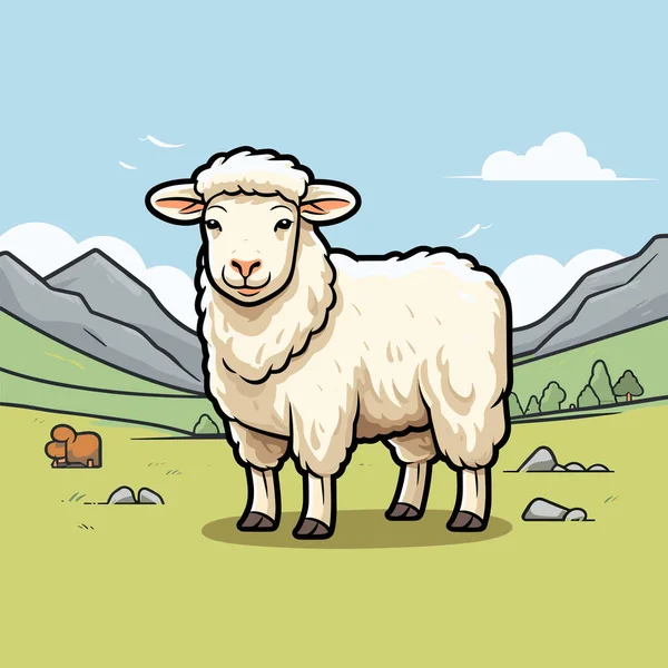 Mouton Debout Dans Champ Avec Des Montagnes Arrière Plan — Image vectorielle