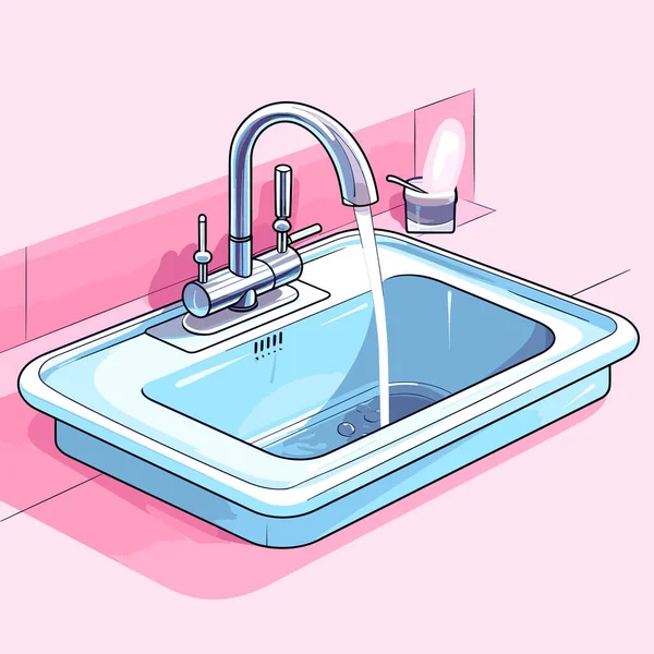 Zeichnung Eines Waschbeckens Mit Laufendem Wasserhahn — Stockvektor
