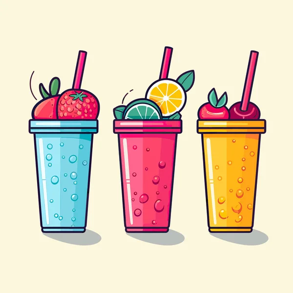 Tres Bebidas Diferentes Colores Con Fresas Naranjas — Archivo Imágenes Vectoriales